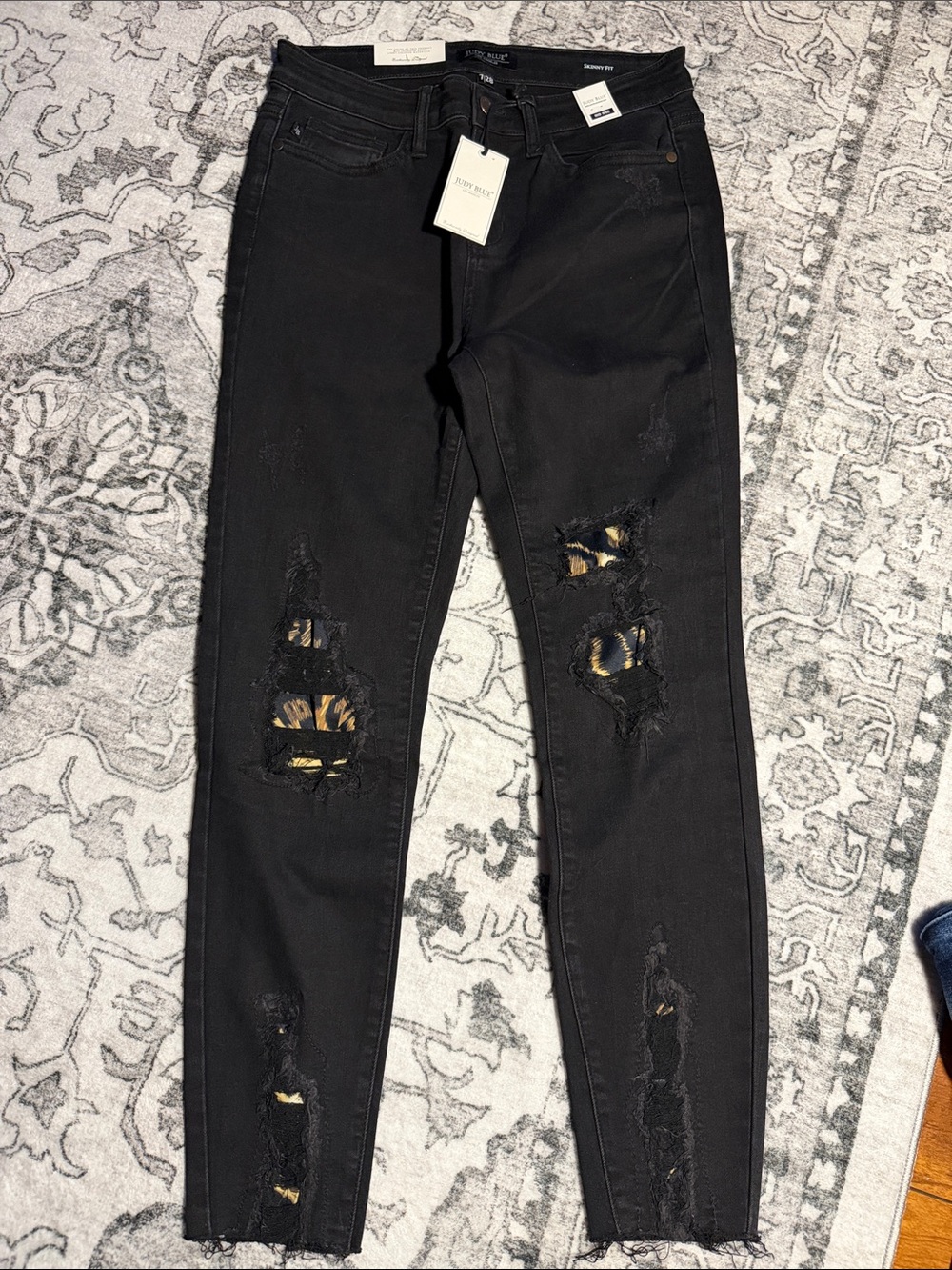 Judy Blue Black Distressed Skinny Jeans with Leopard Underlay